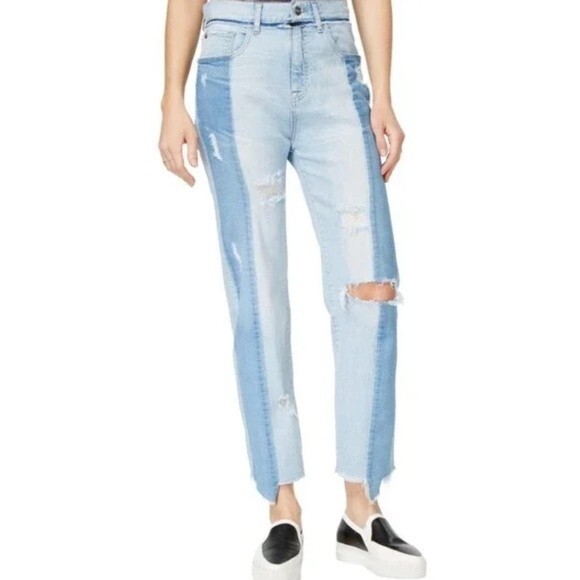 M1858 Frida Jeans Contrast Panel High Rise Straight Leg Denim Size 8 Distressed - Picture 1 of 8